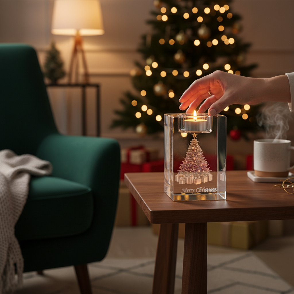 Sarnia3Dcrystals Engraved Christmas Tree Candle Crystal Keepsake