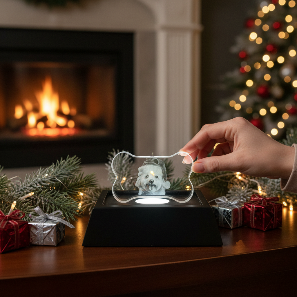 Sarnia3Dcrystals bone-shaped 3D crystal keepsake with a laser-engraved dog portrait on an illuminated LED base.
