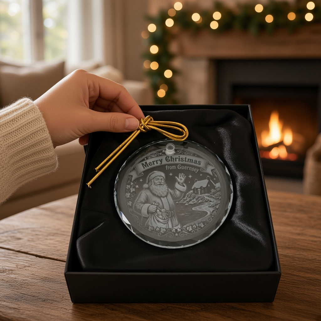 Round ornament gift in black satin lined gift box