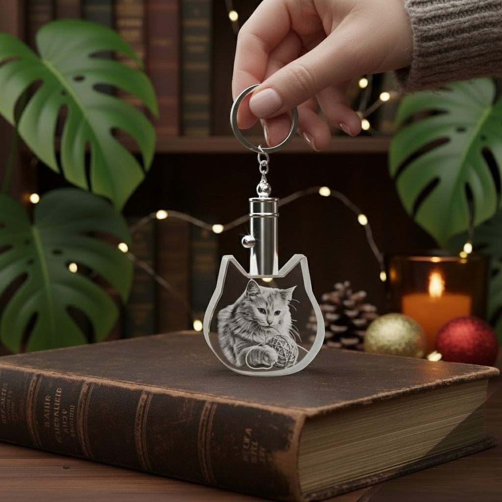 Engraved Cat Portrait Crystal Keychain Accessory