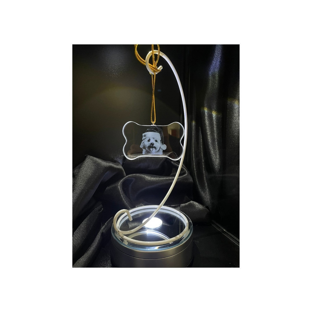 Sarnia3Dcrystals bone-shaped clear acrylic pet memorial ornament with laser-engraved dog portrait and gold hanging cord