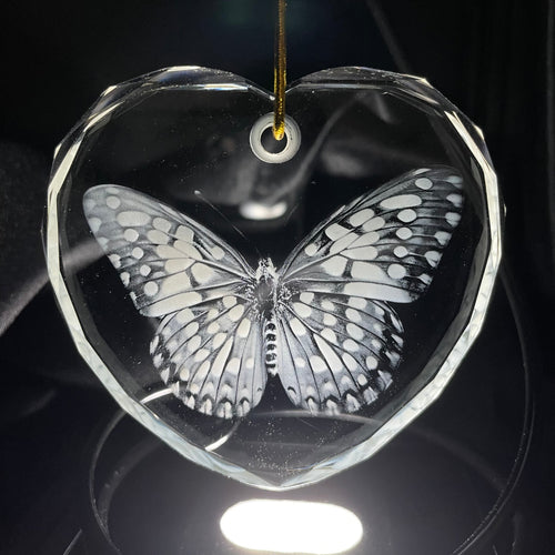 Sarnia3Dcrystals heart-shaped optical crystal ornament with a detailed 3D laser-engraved butterfly design