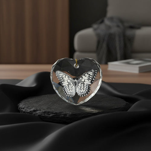 Sarnia3Dcrystals heart-shaped optical crystal ornament featuring a detailed 3D laser-engraved butterfly design.