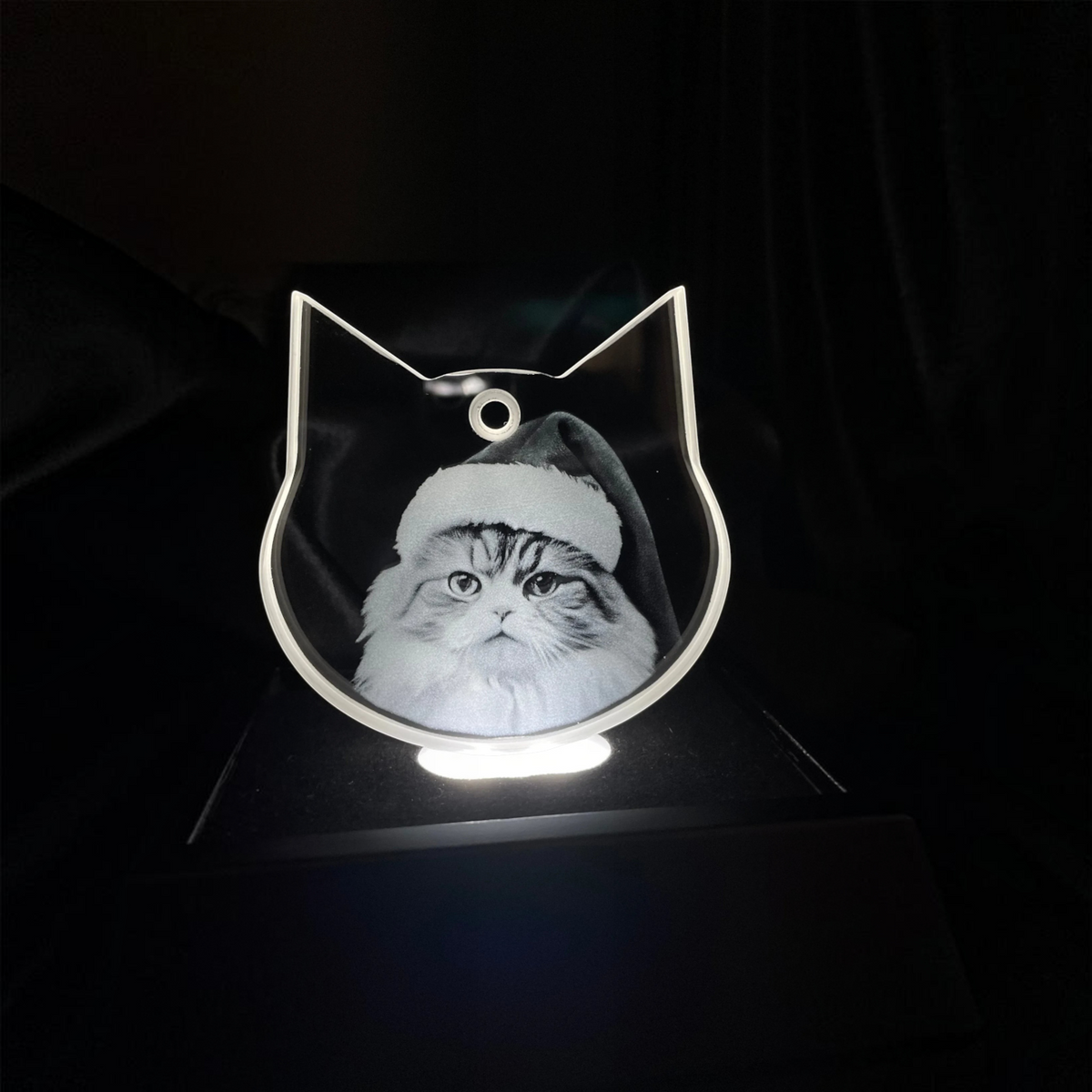 Sarnia3Dcrystals custom engraved cat shaped acrylic ornament featuring a cat in a Santa hat on a lighted base