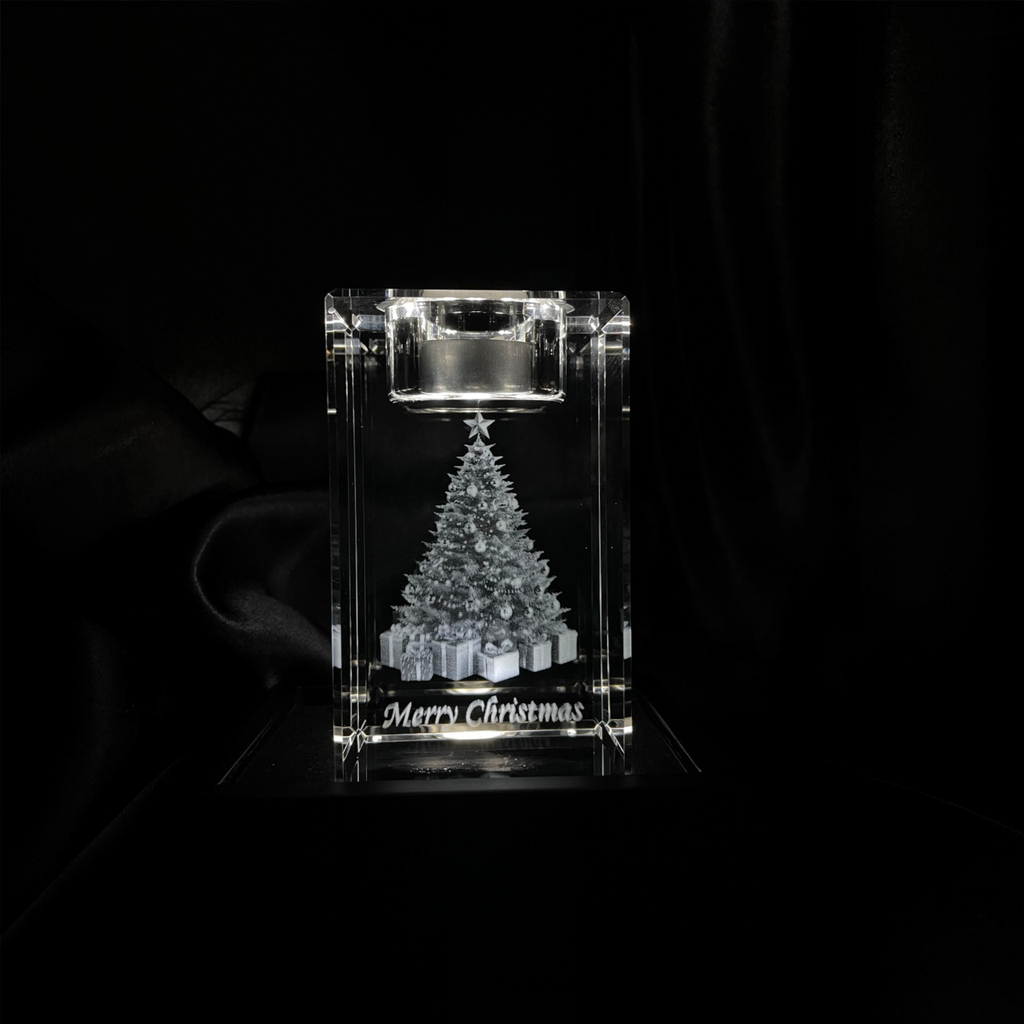 Sarnia3Dcrystals 3D laser-engraved glass Christmas tree ornament with Merry Christmas text and tea light holder