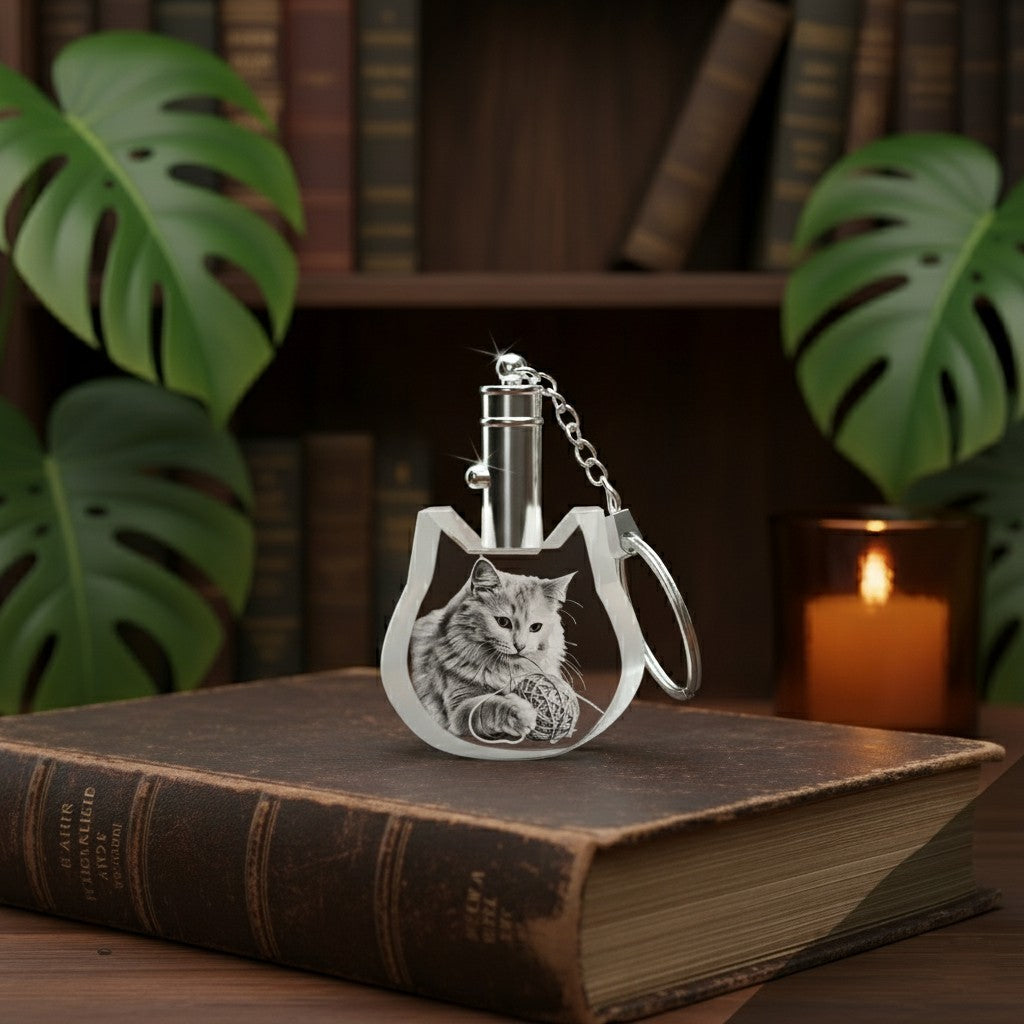 Sarnia3Dcrystals 3D laser-engraved crystal cat keychain with a silver-tone metal frame on a vintage book.