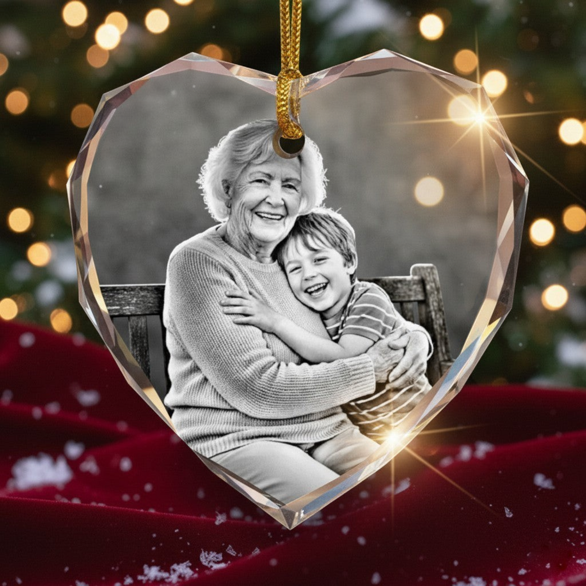 Sarnia3Dcrystals heart-shaped crystal ornament featuring a black and white photo of a grandmother and grandson