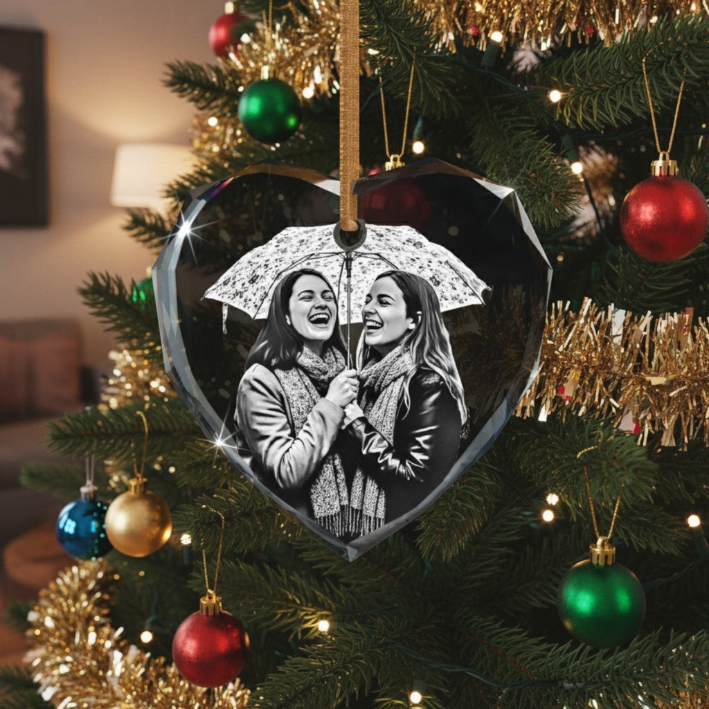 Sarnia3Dcrystals heart-shaped crystal ornament with a laser-etched photo of two women under an umbrella on a tree
