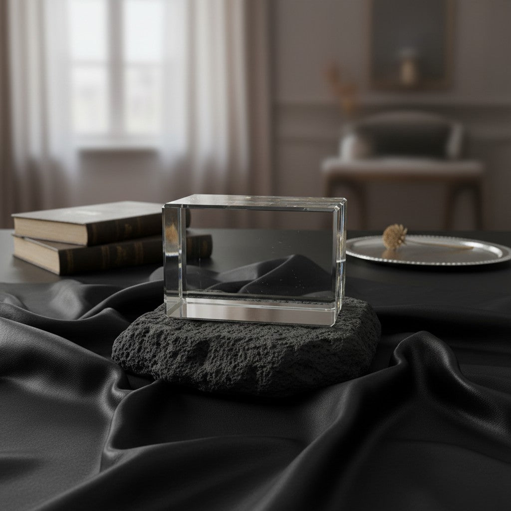 Sarnia3Dcrystals large rectangular optical crystal block displayed on a dark stone base with black fabric