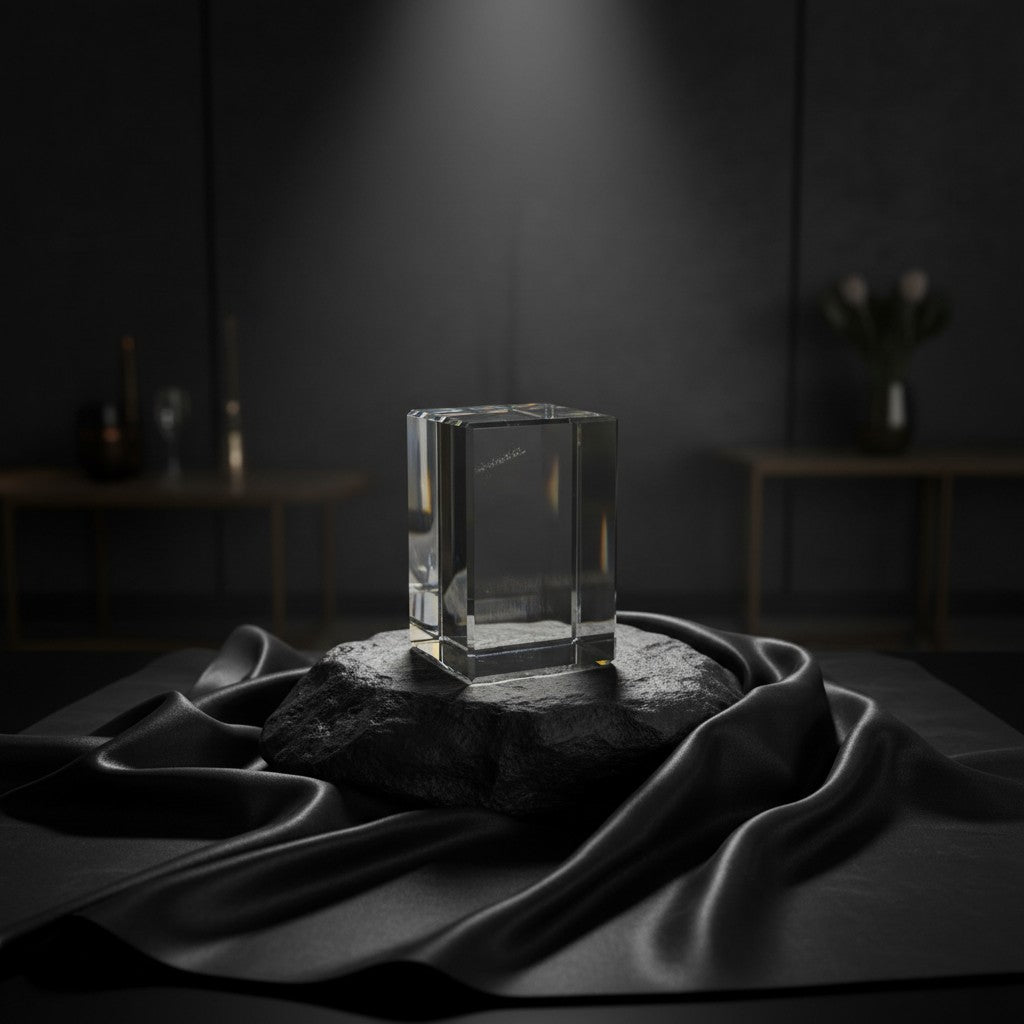 Sarnia3Dcrystals large rectangular optical crystal block displayed on a dark stone base with black fabric