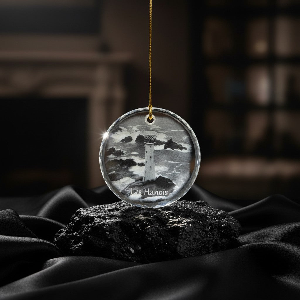 Sarnia3Dcrystals round optical crystal ornament featuring a 3D laser-engraved Les Hanois Lighthouse on a black base.