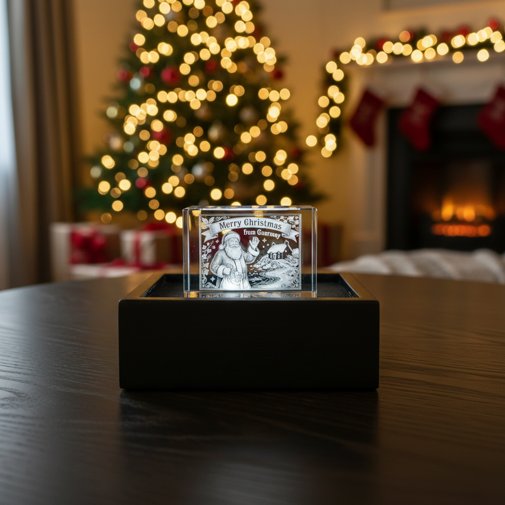 Sarnia3Dcrystals glass block with 3D laser-engraved Santa Claus and Merry Christmas from Guernsey inscription